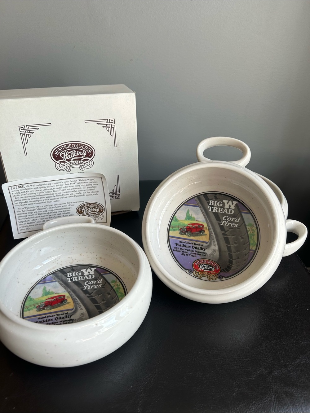 Watkin Heritage Collection White Stoneware “Big W Tread Cord Tires” Soup Bowls